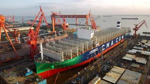 The 400-meter-long, 23,000-TEU CMA CGM Jacques Saadé has been launched at Shanghai Jiangnan-Changxing Shipyard. It will be the world's largest containership to run on LNG fuel. (Photo: CMA CGM)

