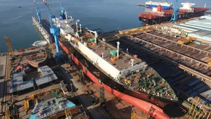 Arial view of launching LNG Carrier built on-ground