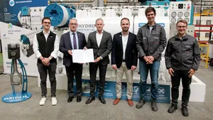 The attached image shows (L-R) Michail Cheliotis – Marine Surveyor, Lloyd’s Register; Peter Van de Graaf – Strategic Key Account Business Partner, Lloyd’s Register; Tim Berckmoes - CEO, Anglo Belgian Corporation; Louis Vercauter - Project Coordinator, CMB.TECH; Edward Belderbos - Project Engineer, Anglo Belgian Corporation; Arthur Ghekiere - Project Engineer, Anglo Belgian Corporation. ©&nbsp;Lloyd’s Register