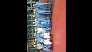 FAT attendees pictured in front of the ME-GI engine at MES’s Tamano Works (Photo: MAN Diesel & Turbo)