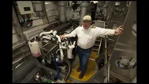 Chief Engineer David Wright in one of this two identical engine rooms. (Source: Alan Haig-Brown)