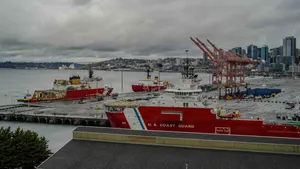 U.S. Coast Guard Cutter Healy (WAGB-20) arrives at Pier 46 on Coast Guard Base Seattle, Oct. 26, 2025. (U.S. Coast Guard photo by Lieutenant Christopher Butters)