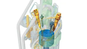 The LGI combustion chamber consists of two LGI-fuel valves and two oil-fuel valves, the latter used for pilot oil when running in LGI-mode and as fuel valves when running in normal mode (Image: MAN Diesel & Turbo)