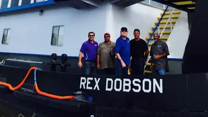 At the commissioning, left to right: Jason Adams, Owner Raymond Louviere Field Foreman; Donald Baudoin, shipyard superintendent; Rex Dobson, shipyard structural superintendent; and Bart Foret, Field Foreman