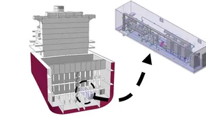 A container-type ballast water treatment system installed. Right: Sketch of the system, packaged in a 40-foot container.