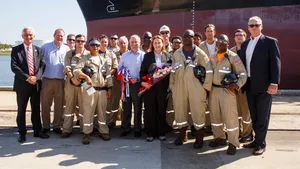 Crowley’s new LNG-Ready product tanker Ohio was christened today at the Tampa Cruise Terminal (Photo: Crowley)
