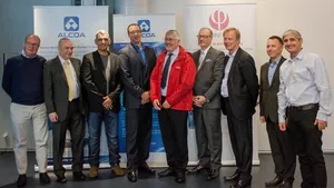 Development partners and guests at aluminum-air battery marine application launch, Lake Neuchatel Switzerland, August 26. From left to right: Luca Zipponi, Alcoa; Israeli Ambassador Igal Caspi; Aviv Tzidon, Phinergy; Martin Briere, Alcoa; Jean-Francois Affolter, Heig VD,; Delegate general of Québec Claude Trudelle; Simon Baker, Alcoa; Nicolas Dalmau, Alcoa; and Dekel Tzidon Phinergy