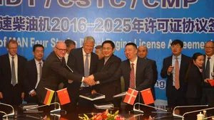 MAN Diesel & Turbo attendees at the ceremony included Klaus Engberg, Senior Vice President and Head of Two-Stroke Licensing; Ulrich Vögtle, Vice President and Head of Large Bore Four-Stroke Licensing; Dr. Manfred Biedermann, Head of MAN Diesel & Turbo, China; and Dai Jun, Head of Licensing Support, China. (Photo: MAN Diesel & Turbo)