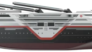 A distinctive feature of the new ship design are the OceanWings sails which can be raised and lowered as needed. Preliminary estimates indicate that the sails could reduce energy consumption by around 10% over time. Rendering by Vard, courtesty Hurtigruten