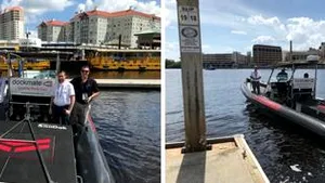 
The Dockmate team (left) demonstrated the latest wireless
propulsion control technology at IBEX in Tampa last week (Photo: Dockmate) 