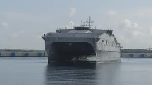 The expeditionary fast transport ship USNS Fall River (T-EPF-4) arrives in Hambantota to participate in Pacific Partnership 2017 mission stop Sri Lanka. (U.S. Navy photo by Joshua Fulton)