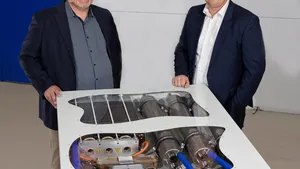 Mads Friis Jensen, CCO and Co-founder, Blue World Technologies together with Lars Bo Andersen,  Manager of Alfa Laval Test and Training Centre - HTPEM fuel cell at Alfa Laval Test & Training. Photo courtesy Alfa Laval
