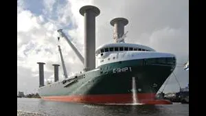 The futuristic “E-Ship I”, driven by four Flettner-Rotors for emission reduction reasons, build by Lindenau Shipyard, Kiel and Cassens Shipyard, Emden.