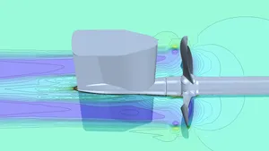 Graphic from MAN Diesel & Turbo’s CFD simulation of the new Kappel propeller blades, fairing cone and rudder bulb – customized for the existing aft ship and fishtail rudder (Image: MAN Diesel & Turbo)