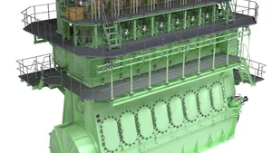 Graphic rendering of a two-stroke, dual-fuel MAN B&W 8L70ME-GI engine. The ME-GI is capable of running on both HFO and gas – predominantly natural gas but also LPG and methane. MAN Diesel & Turbo reports a strong market reception to the engine.