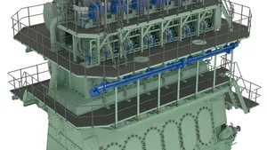 Graphical rendering of the six-cylinder version of MAN Diesel & Turbo’s S70ME-GI dual-fuel low-speed engine. Within the company’s low-speed engine portfolio, the ME-GI engine is officially designated as ME-C-GI (M-type, Electronically Controlled, GI for Gas Injection).