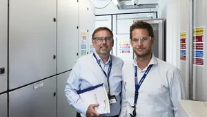 Jens Hjorteset (right) is the Technical Product Manager for SAVe Energy. Erling Johannesen (left) is the Site Manager at Rolls-Royce Power Electric Systems department in Bergen, Norway. (Photo: Øystein Klakegg/Rolls-Royce Marine)