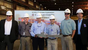 From left: Jensen's Dean Sahr, Manager, New Construction Projects and Jonathan Smith, Director, Construction Management, with Crowley's Ray Martus, Vice President, Construction Management; Tucker Gilliam, Vice President, Liner Services; Patrick Sperry, Manager, Construction Management; and Cole Cosgrove, Vice President, Operations