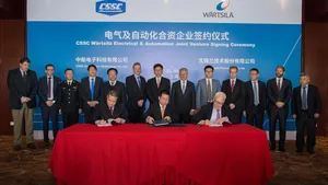 The new joint venture company agreement is signed by Yang Guobing, Chairman of CSSC Electronics Technology Co., Ltd, Ma Yunxiang, Vice chief Economist, Director of Planning and Development Department, CSSC and Stephan Kuhn, Vice President, Electrical & Automation, Wärtsilä Marine Solutions. (Photo: Wärtsilä)