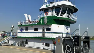 Kirby Inland Marine's Green Diamond—the United States' first plug-in hybrid electric inland towboat—was christened on August 25, 2023 in Houston. (Photo: Corvus Energy)