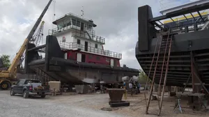 The latest Leboeuf towboat sits between two sisters at the Intracoastal Ironworks yard (photo: Alan Haig-Brown)