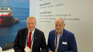 Jon Erik Røv, Managing Director of Bergen Engines group , together with Randall Nunmaker, Director of Sales & Marketing in MSHS at the maritime exhibition SMM in Hamburg on Tuesday, 6 September.(Photo: MSHS)