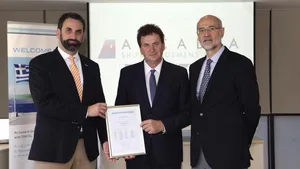 DNV GL - Maritime’s George Teriakidis, Business Development Manager, DNV GL – Region South East Europe & Middle East (Left) and Andreas Pagalos, Senior Vice President and Area Manager for East Mediterranean (Right), present Mattheou Dimitrios, Managing Director of Arcadia Shipmanagement Co Ltd. (Middle), with the certificate. (Photo: DNV GL)