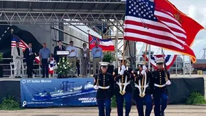Members of the U.S. Navy Seabees Color Guard present colors at the Q-LNG 4000 naming ceremony at VT Halter Marine (Photo: VT Halter Marine)