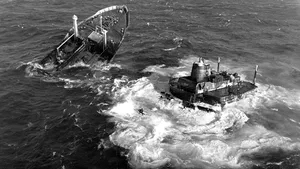 MV Argo Merchant was a Liberian-flagged oil tanker that ran aground and sank southeast of Nantucket Island, Mass., on Dec. 15, 1976, causing one of the largest marine oil spills in history. U.S. Coast Guard Archives
