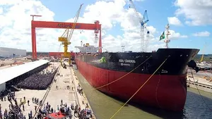 Naming ceremony in 2010 for the ‘João Candido‘, the first Suezmax tanker in a series of ten built by Estaleiro Atlântico Sul for TransPetro and a sister ship to ‘Zumbi dos Palmares’. The oil tanker’s main engine is an electronically controlled MAN B&W 6S70ME-C type, designed by MAN Diesel & Turbo and built by licensee Doosan (Photo: Petrobrás)