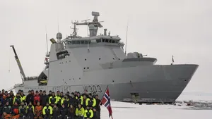 Norwegian Coast Guard vessel KV Svalbard and its crew at the North Pole: the ship is the first ABB Azipod powered craft to reach the Pole. (Photo: ABB)
