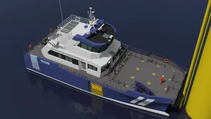 A number of CTVs being constructed in the U.S., including those being built by Blount Boats for American Offshore Services, have been described as “hybrid-ready”. (Image: American Offshore Services)