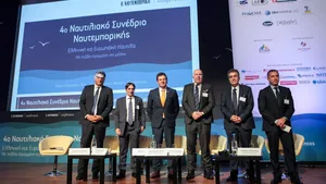 Panel participants included Wayne Jones (third from right), along with Panos Zachariades, technical manager, Atlantic Bulk Carriers Management; Dimitris Matthaiou, CEO, Arcadia Shipmanagement/Aegean Bulk; Georgios Polychroniou, coordinating director of strategic and corporate activities development, Public Gas Corporation (DEPA) SA - Poseidon Med II project manager; and Stamatis Tsantanis, chairman and CEO, Seanergy Maritime Holdings (Photo: MAN Energy Solutions)