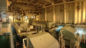 Panorama of the engine room aboard the Velikiy Novgorod featuring a diesel-electric, dual-fuel propulsion system consisting of 2 × MAN 8L51/60DF and 2 × MAN 9L51/60DF engines