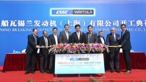 Picture at the groundbreaking ceremony, Roger Holm, Senior Vice President, Engines, Wärtsilä Marine Solutions and Wu Qiang, President of CSSC, in the middle. (Photo: Wärtsilä)
