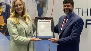 Left to right: Anastasija Kuprijanova, director of maritime dusiness development, Amogy, with Keegan Plaskon, director, business development – eastern North America, American Bureau of Shipping (Photo: Eric Haun)
