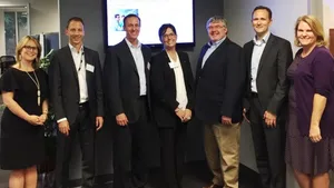 From left to right: Ashley Cagle, Wake County Economic Development; Stephan Keuschnigg-Zingl, Voith Digital Solutions; Marc Begin, Voith Digital Solutions; Representative Cynthia Ball, N.C. House of Representatives; Darryl Stevenson, Voith Digital Solutions; Rene Habets, Voith Digital Solutions; and Jenn Bosser, City of Raleigh, Office of Economic Development and Innovation. (Photo: Voith)