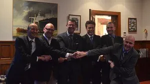 From left to right :  Edward Gatt/Elisabeth Ltd; John Eldridge/Aspin Kemp & Associates (AKA); Ard Jan Kooren/Kotug International BV; Arnout Damen/Damen Shipyards Group; Todd Barber/Robert Allan Limited; Evan Willemsen/KST b.v. (Rotortug)