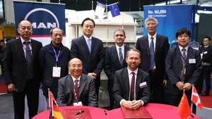 From left to right: Y.Q. Tan, Asst. President of CMES; Qian Deying, General Manager of CMD; Y.Q Huang, Deputy General Manager of CMES; Capt. Xie Chunlin, President of CMES; Dr. Uwe Lauber, CEO Man Diesel & Turbo SE; Dirk Balthasar, Vice President, Head of Global Turbocharger Sales; TY Jiao, Director, Hoi Tung Marine Machinery Suppliers Limited; CM Shui, General Manager, Hoi Tung Marine Machinery Department (Photo: MAN Diesel & Turbo)