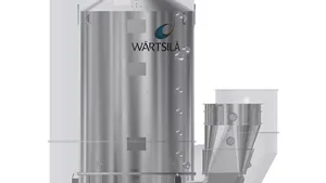 The new scrubber from Wärtsilä is lighter, smaller and less voluminous, to respond to requests from the new generation container vessels. Compared to previous scrubbers with similar capacity it is 30% smaller. © Wärtsilä 
