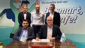 (Seated left to right) Panos Koutsourakis, ABS Vice President of Global Sustainability; and James Marshall, Berge Bulk CEO. (Standing left to right) Arnab Ghosh, ABS Director, Business Development; Sylvain Julien, Berge Bulk Head of Innovation and Newbuilding; Paolo Tonon, Berge Bulk Technical Director. Image courtesy ABS
