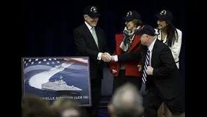 The Secretary of the Navy (SECNAV) the honorable Ray Mabus shakes hands with retired Navy Capt. Mark Kelly, husband of former U.S. Rep. Gabrielle Giffords, from Arizona, at the Pentagon. Mabus announced that the name of the 10th littoral combat ship, LCS 10, will be USS Gabrielle Giffords. (U.S. Navy photo by Chief Mass Communication Specialist Sam Shavers/Released)