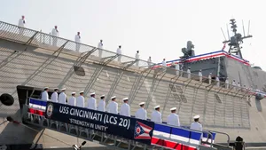 Shown is the USS CINCINNATI at its commissioning on October 5, 2019 in Gulfport, 
Mississippi. U.S. Navy photo by Chief Mass Communication Specialist Rosalie Chang
