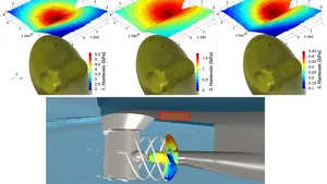 Simulated pressure pattern on the hull above the propeller providing a direct link to the vibration pattern and the URN emissions. (Image: SCHOTTEL)