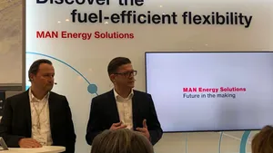 Stefan Eefting, SVP PrimeServ, MAN ES (left) and Christian P. Hoepfner, Managing Director, Wessels Marine, announcing the plan to run the containership Wes Amelie on Synthetic Natural Gas. Photo: Greg Trauthwein