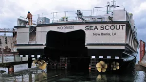 A view of the stern of the R/V Sea Scout and its four propellers during the build process. Photo courtesy All American Marine.