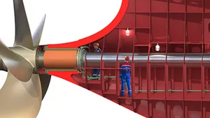 A sterntube-less ship features a shorter shaft with the prime mover further aft the vessel. Image courtesy Thordon Bearings