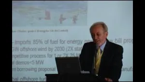John Westwood, Chairman of energy business advisors Douglas-Westwood, addressing delegates at OceanTech Expo 2010. (Photo: Greg Trauthwein)