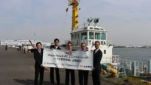 From left: Koji Yoshikawa, GM, Toyota Tsusho Corp.; Fumiaki Nakanishi, President, Toyotsu Energy Corp.; Yuji Kamata, EVP, Nagoya Port Authority; Kentaro Shimizu, GM of Harbor Group, NYK;  & Ushio Koiso, President, Sanyo Kaiji. (Photo courtesy NYK/Face masks were removed immediately prior to the photo)
