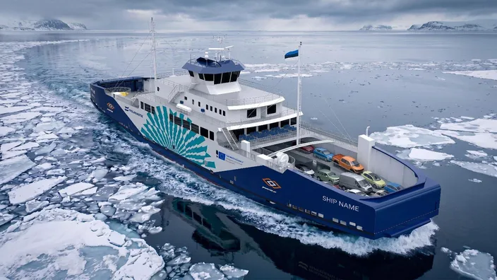 The 95-meter ferry, designed by LMG Marin for the Estonian State Fleet, will feature two Steerprop SP 25 CRP units equipped with permanent magnet motors. Image courtesy Steerprop